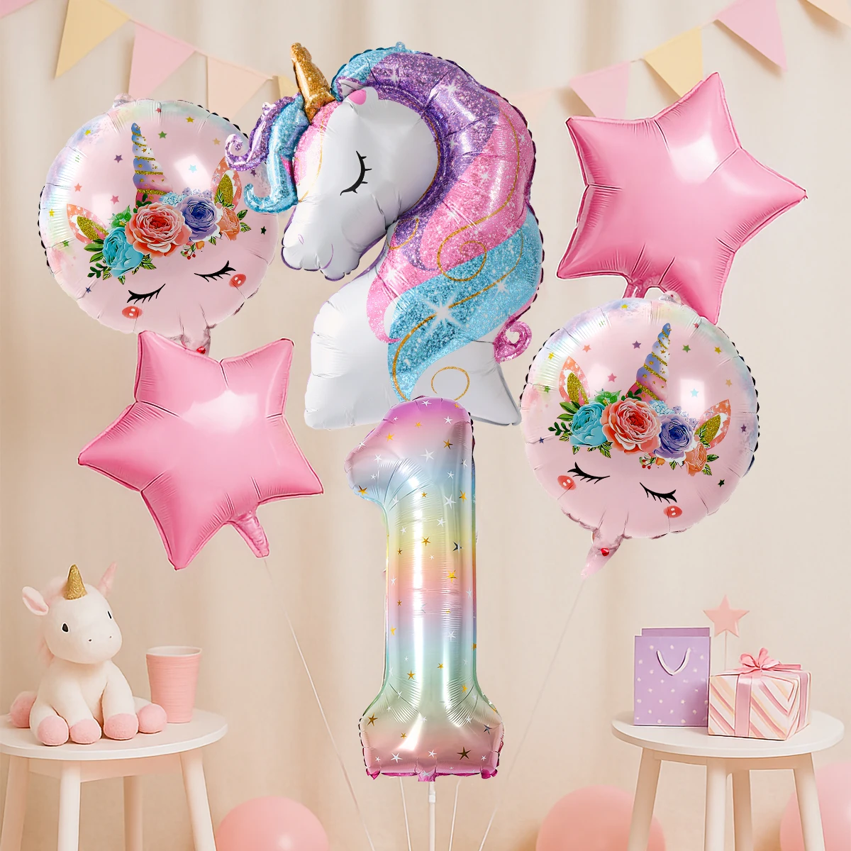 Regenbogen-Einhorn-Ballon-Bündel, alles Gute zum 1. Mädchen, Geburtstag, Party-Dekoration, Kindergeschenke, Geschenke, Luftballons, Einhorn, Babyparty-Zubehör Image
