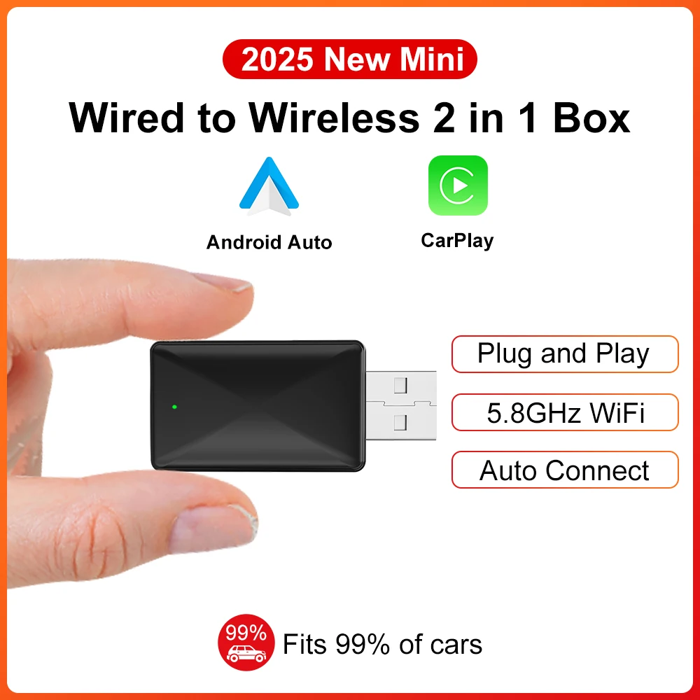 2in1 verkabelt mit Wireless Carplay Android Auto Wireless Adapter Carplay Wireless Adapter für OEM Auto Stereo mit USB Plug and Play Image
