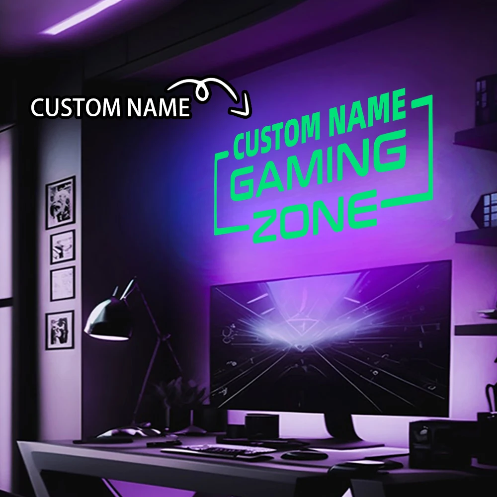 1 Stück kreativer individueller Name, leuchtender Gaming-Zone-Wandaufkleber, Wandaufkleber, abnehmbares Wandbild für Wohnzimmer, Schlafzimmer, Dezember Image