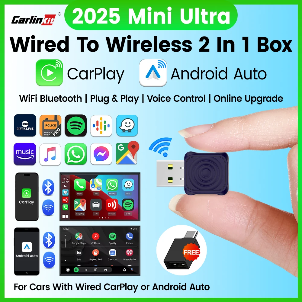 CarlinKit 5.0 Wireless Adapter Mini Ultra Wireless Android Auto & CarPlay USB Dongle für Auto Upgrade WiFi Bluetooth Auto Connect Image