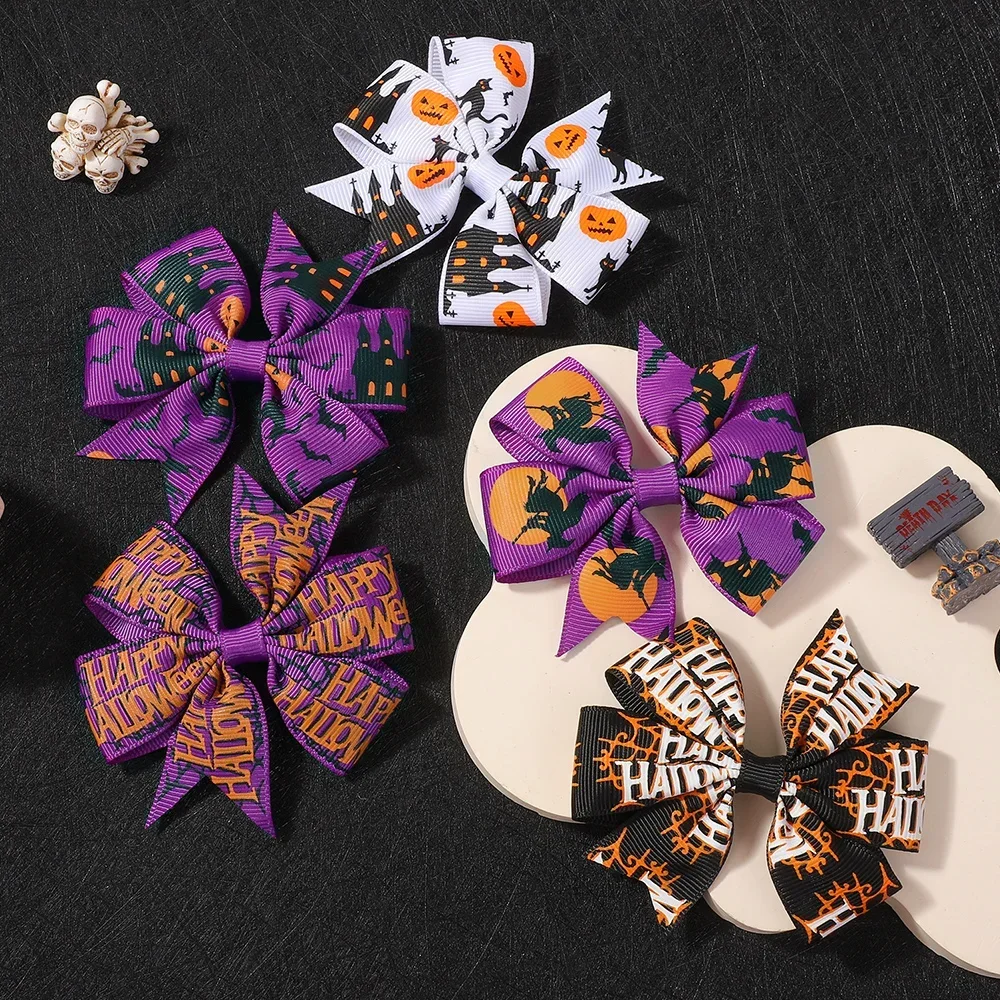 2 Teile/satz Handgemachte Halloween Bogen Haar Clips für Mädchen Kürbis Fledermaus Druck Urlaub Party Kopfbedeckungen Kinder Haar Zubehör Geschenk Image