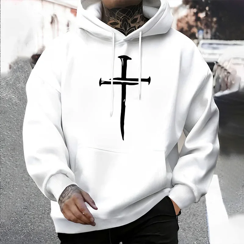 Cross Print Herren Casual Hoodies 2025, Urban Streetwear Fashion Hip Hop Kapuzenpullover, männlich, trendiger Street-Style-Hoodie
