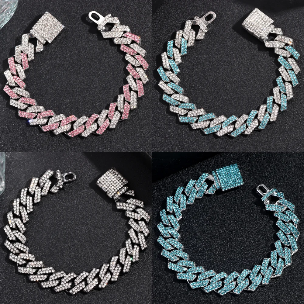 Mode Rosa Blau Iced Out Kristall Zinke Kubanischen Link Kette Armband für Frauen Bling Strass Kubanischen Armbänder Hip Hop Schmuck