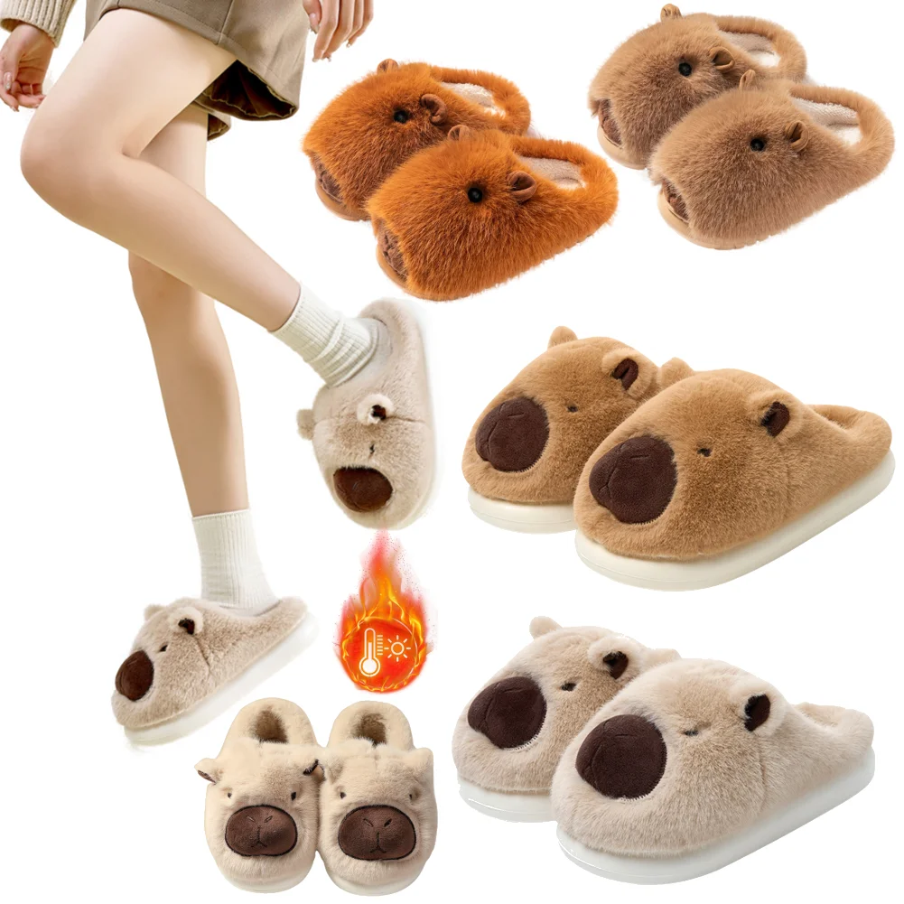 Plüsch-Capybara-Hausschuhe, geschlossener Zehenbereich, niedliche Slip-On-Hausschuhe, bequeme pelzige Wanderschuhe, rutschfeste Schlafzimmer-Winter-Hausschuhe