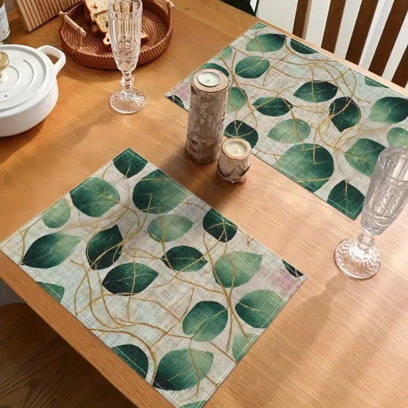 Tischsets mit grünem Blattmuster, Tischset für Esszimmer und Urlaub, Esszimmer, Polyester-Tischsets, Heimdekoration Image