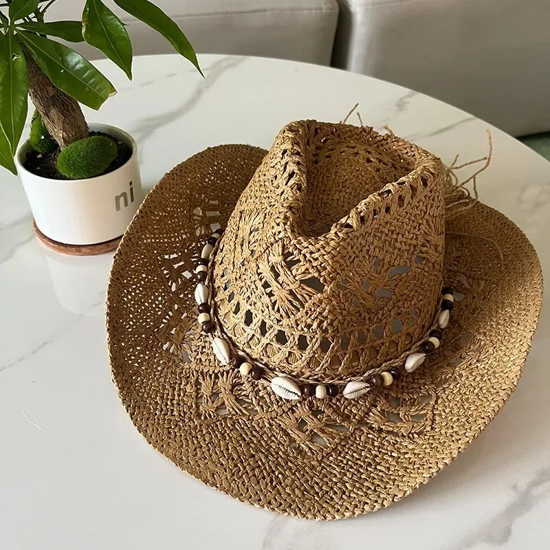 1PC Sommer Böhmischen Shell Stroh Hut Strand Frauen Männer Cowboy Hüte Holz Perlen Aushöhlen Westlichen Breite Krempe Sonnenhut urlaub Kappe Image