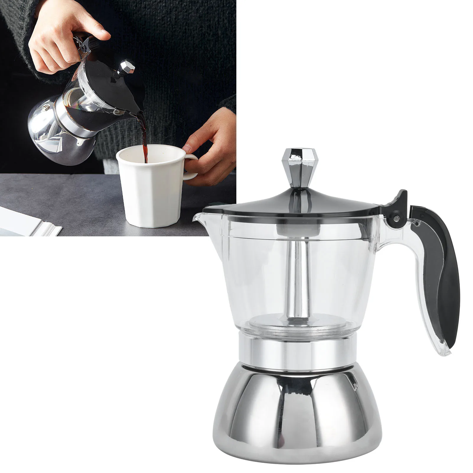 4-Tassen-Moka-Kanne, Edelstahl-Kaffeekanne, schnelle Herstellung von Espresso, italienische Kaffeemaschine, Heimbraufsatz, Wasserkocher für Elektroherd Image