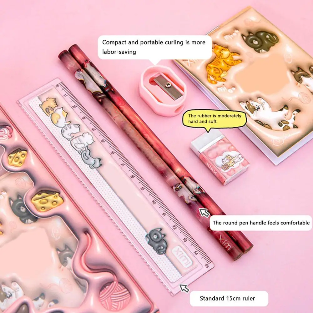 1 Set Cartoon-Briefpapier-Set inklusive Bleistift, Notizbuch, Lineal, Radiergummi, Anspitzer, Schüler, Schulbedarf, Schreibwaren, Geschenke Image