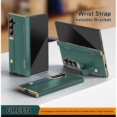 Phone Case For Samsung Galaxy Z Fold 7 Z Fold 6 Z Fold 5 Z Fold 4 Back Cover with Screen Protector with Wrist Strap Shockproof Retro Plating PC