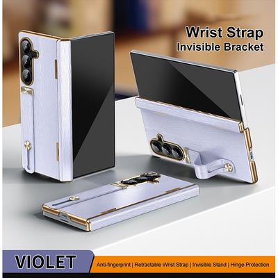 Phone Case For Samsung Galaxy Z Fold 7 Z Fold 6 Z Fold 5 Z Fold 4 Back Cover with Screen Protector with Wrist Strap Shockproof Retro Plating PC