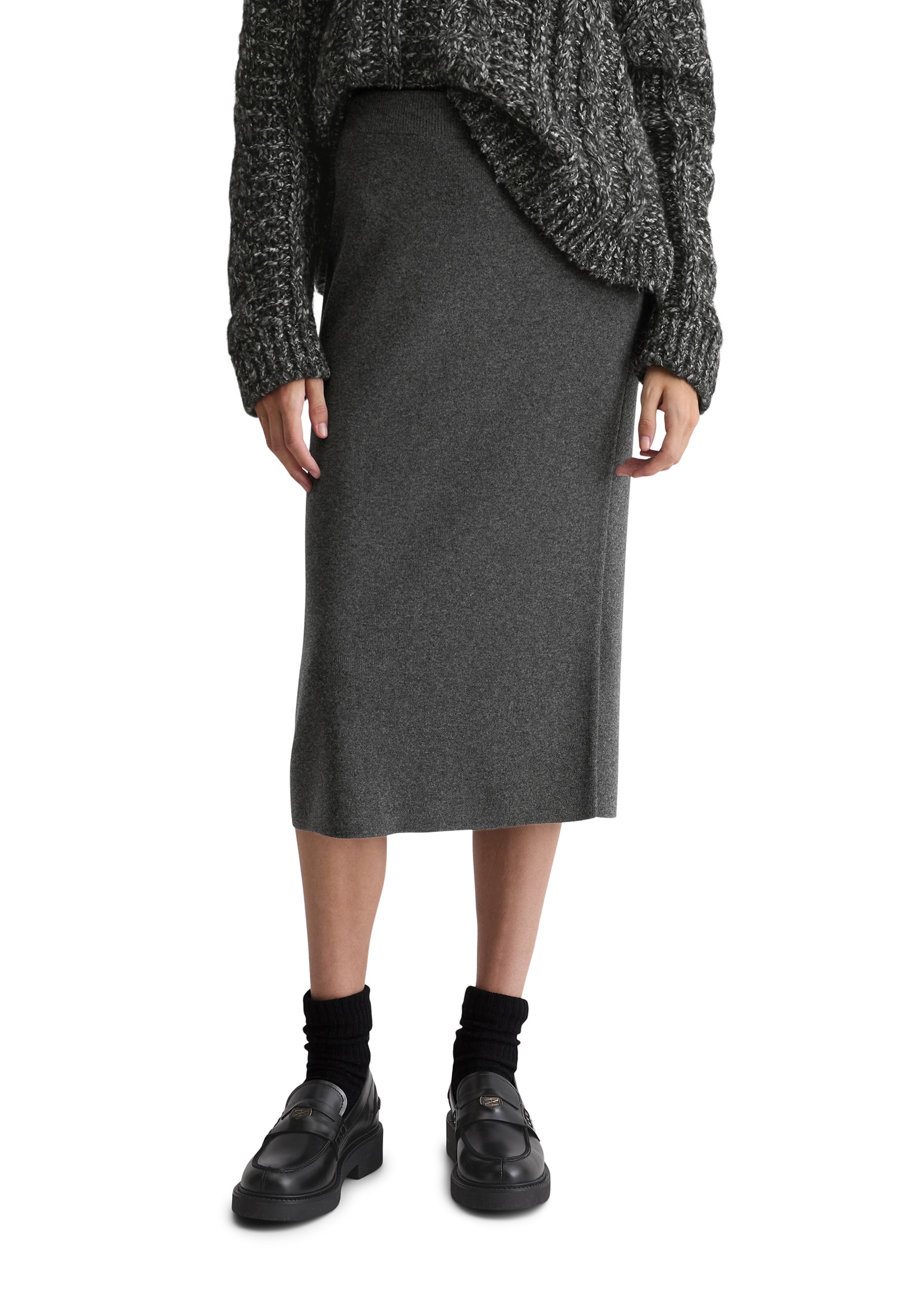 Strickrock MARC O'POLO "aus softem Schurwolle-Mix", Damen, Gr. 40, night grau melange, Obermaterial: 50% Schurwolle, 33% Viskose, 17% Polyamid; Futter: 100% Nicht verfügbar, unifarben, Casual, figurbetont wadenlang, Röcke