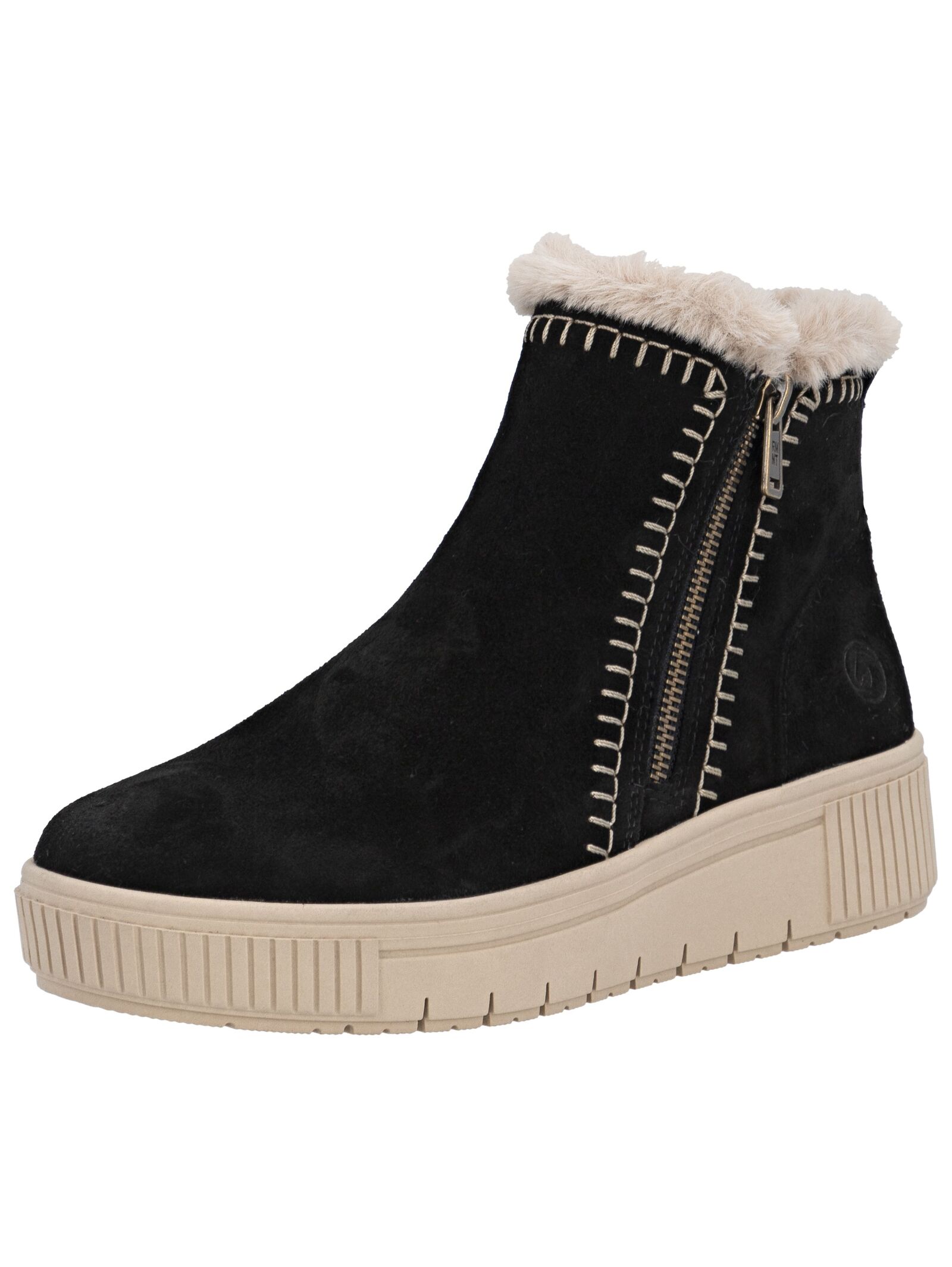 Plateaustiefelette REMONTE "Remonte Stiefelette Leder", Damen, Gr. 37, schwarz, beige, Leder, Schuhe