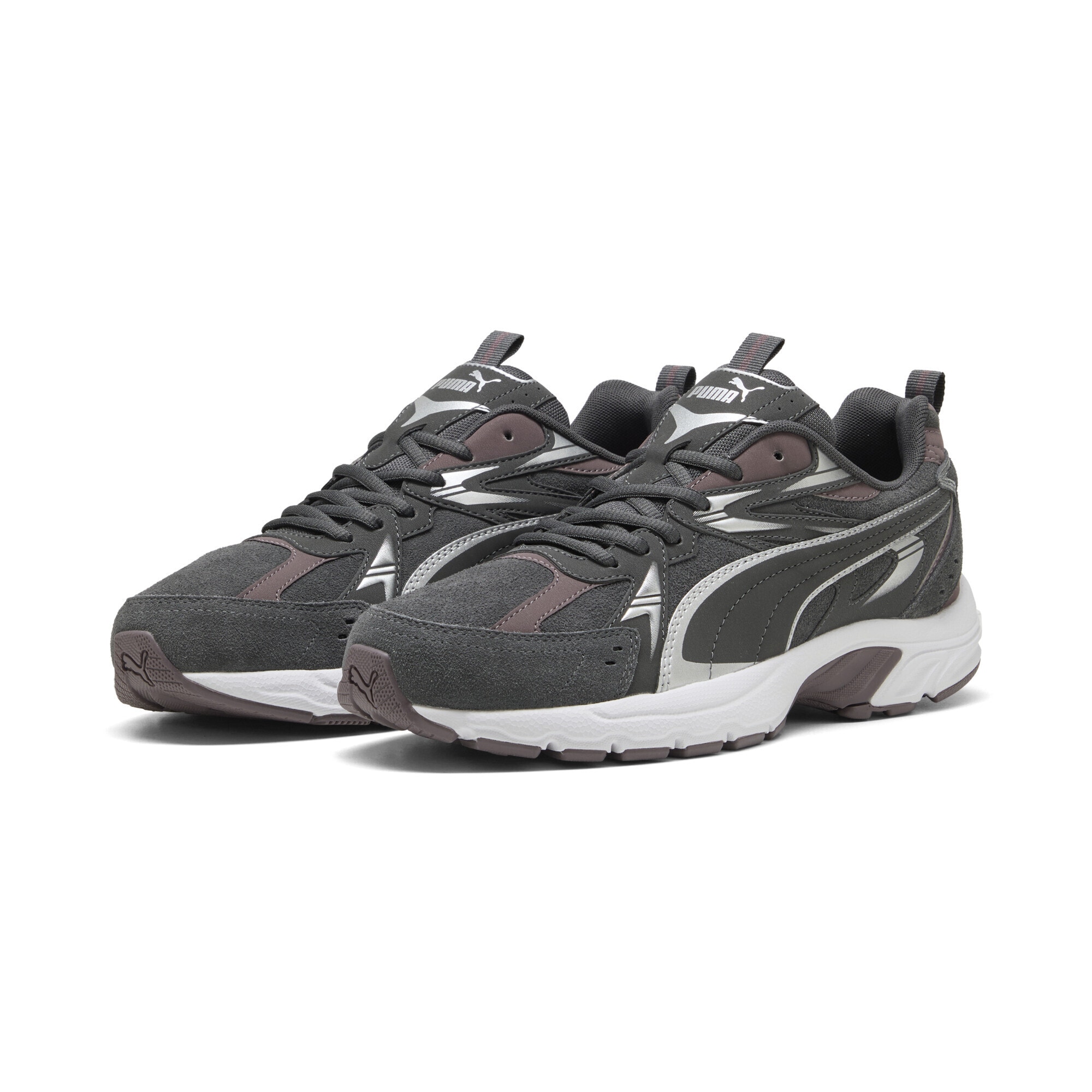 Sneaker PUMA "Milenio Tech Sneakers Erwachsene", Damen, Gr. 38, silber (dusky gray silber raisin metallic lila), Obermaterial: Textil, Kuhleder, Synthetik; Futter: Textil; Innensohle: Textil; Laufsohle: Gummi, Schuhe Sneaker