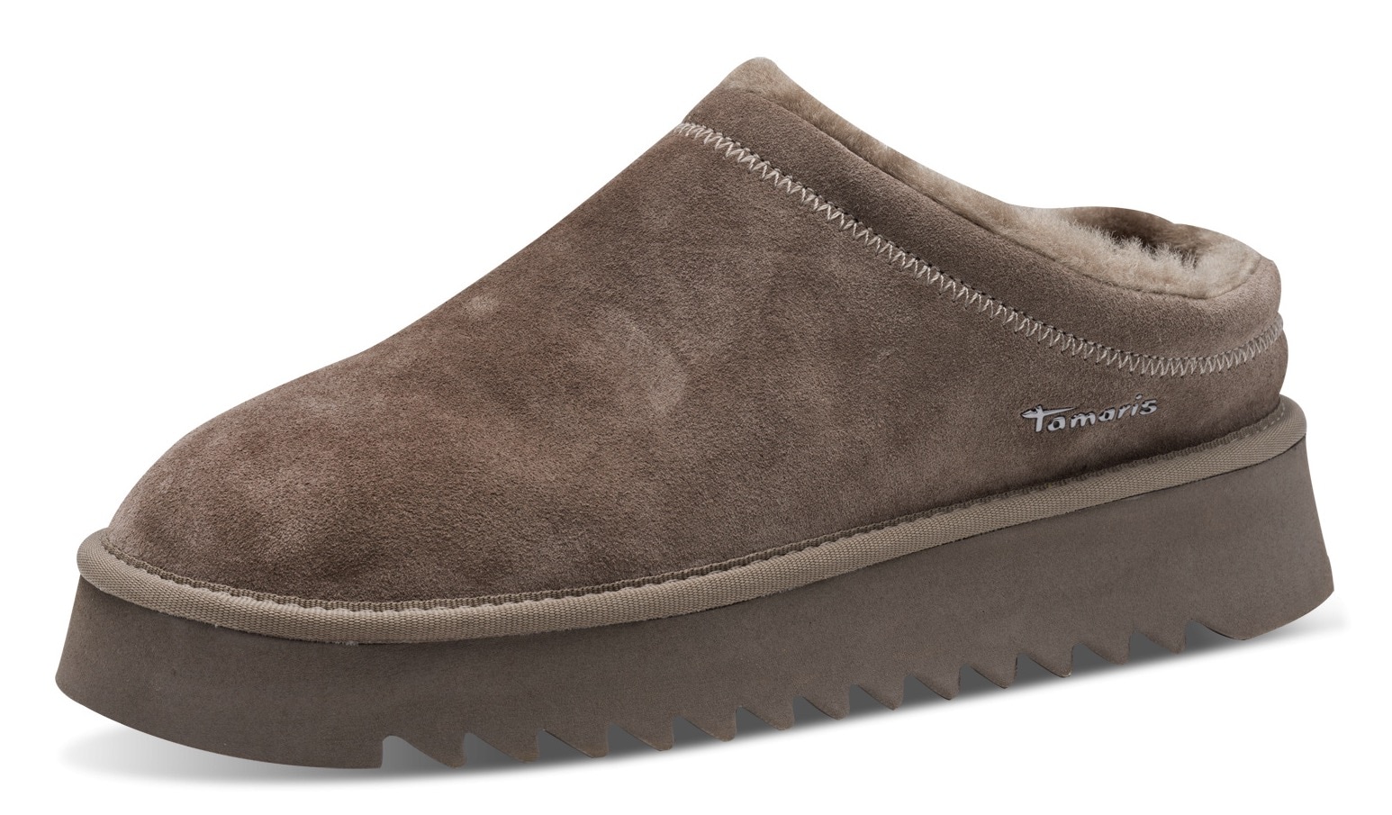 Hausschuh TAMARIS, Damen, Gr. 39, taupe, Veloursleder, unifarben, Schuhe Hausschuh, Clogs, Bequemschuh mit Fellimitat-Kragen