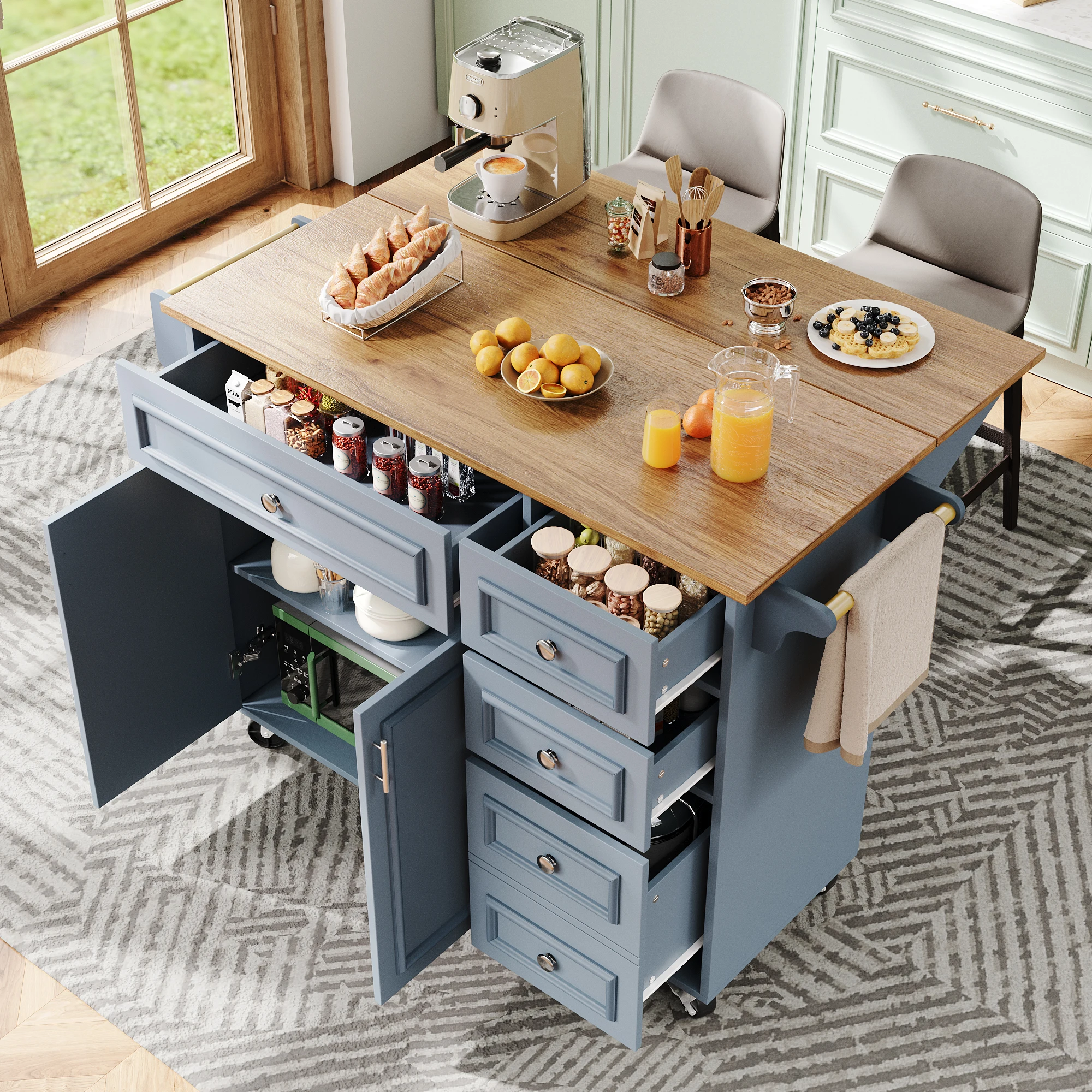 Îlot de cuisine (110 × 45-75 × 92 cm), îlot de cuisine moderne, armoire de cuisine, chariot de service amovible, armoire de buffet
