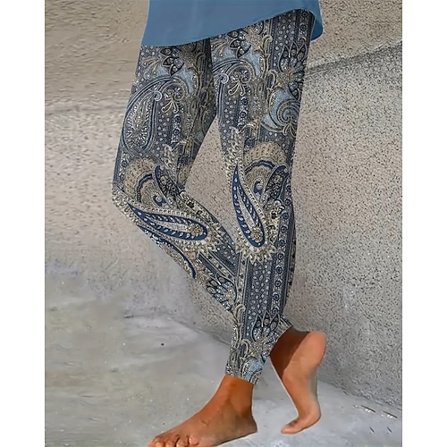 Damen Leggings Gemütliche Leggings Urlaub Lässig Volle Länge Hohe Taille Paisley-Muster Drucken Thermowarm Bequem Dehnbar Lässig Täglich Urlaub Dunkel Blau Herbst Winter Schmale Passform Image