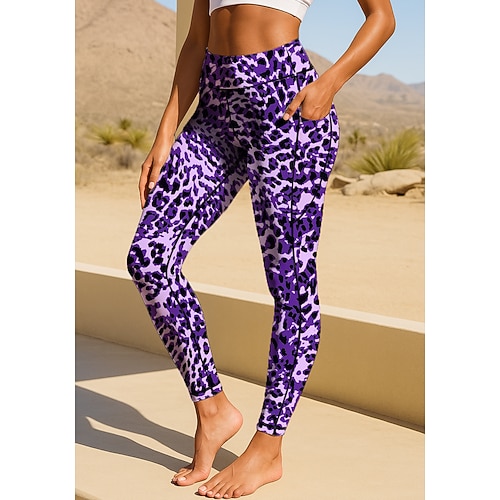 Damen Pilates-Leggings Fitnesshose Trainingsleggings Taschen Stempelsteuer Seitentaschen Pilates Fitnessstudio Fitnesstraining Hosen Strumpfhosen Leggings Grafik Leopard-Druck Dunkelrot Blau Purpur Image