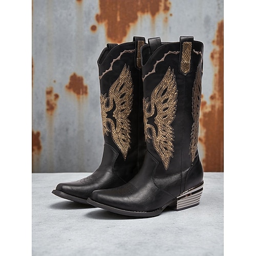 Damen-Cowboystiefel aus schwarzem/goldenem Kunstleder mit goldener Adlerstickerei – Reitstiefel im Westernstil mit halbhoher Wadenhöhe für Country-Konzerte und Festivals Image