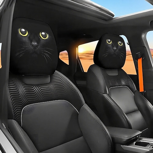 2 lustige Cartoon-Kopfstützenbezüge fürs Auto, universelle Passform, mit lustigen, großäugigen, grinsenden Cartoon-Aufdrucken, doppelseitig bedruckter Schutz für die Dekoration der Vordersitzlehne im Image