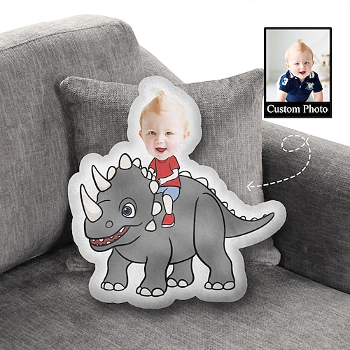 Personalisiertes Foto-Gesichtskissen, personalisierte Kinderkissen mit Dinosauriern, Geburtstagsgeschenke für Jungen, lustiges hässliches Kissen, Kissen in individueller Form, ausgestopfter Dinosaurier Image