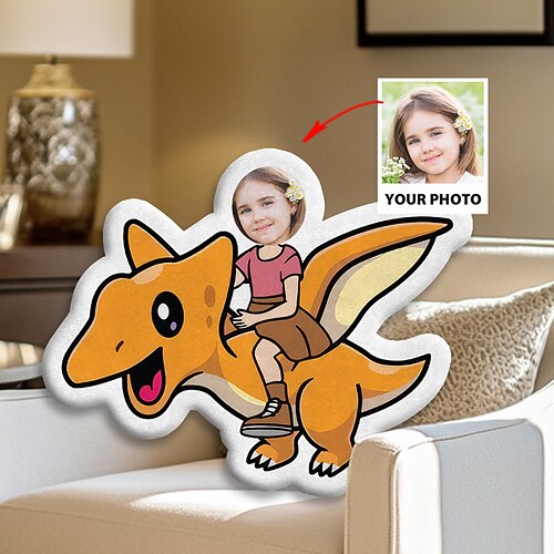 Personalisiertes Foto-Gesichtskissen, personalisierte Kinderkissen mit Dinosauriern, Geburtstagsgeschenke für Jungen, lustiges hässliches Kissen, Kissen in individueller Form, ausgestopfter Dinosaurier Image