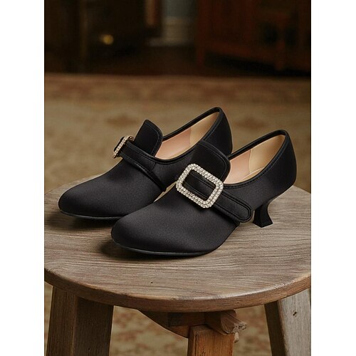 Damen-Schnallenschuhe im viktorianischen Vintage-Stil der 1920er Jahre – Satin-Absatzschuhe im Edwardian-Stil mit Kitten Heel für Lolita-, Rokoko- und Gatsby-Party- oder Cosplay-Outfits Image