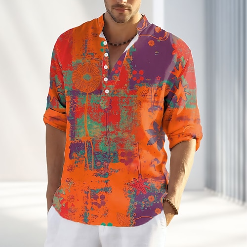 Herren Druck T Shirt Henley Hemd Langarm Designer Retro Vintage Lässig Straße Lässig Täglich Sommer Frühling Herbst Gelb Orange Henley Henley T-Shirt Image