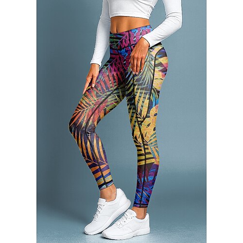 Damen Pilates-Leggings Fitnesshose Trainingsleggings Taschen Stempelsteuer Seitentaschen Pilates Fitnessstudio Fitnesstraining Hosen Strumpfhosen Leggings Blumendruck Waldgrün Regenbogen Rot Kombo Image