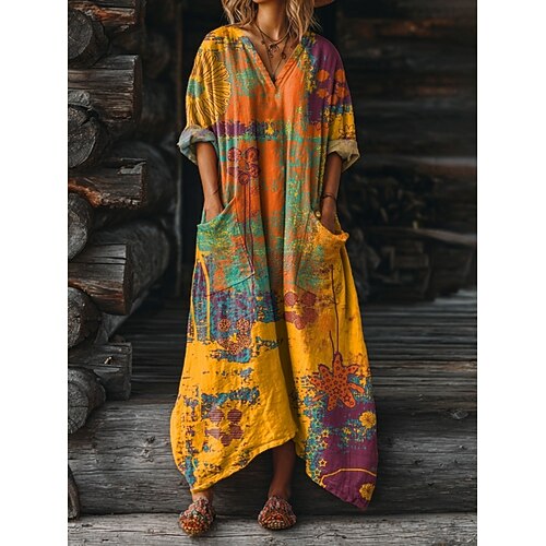 Damen Maxikleid A Linie Kleid Urlaub Lässig Täglich Normale Passform Blumen Grafik Paisley-Muster Langarm V Ausschnitt Blau Dunkelgrün Gelb Rosa Sommer Frühling Herbst Image