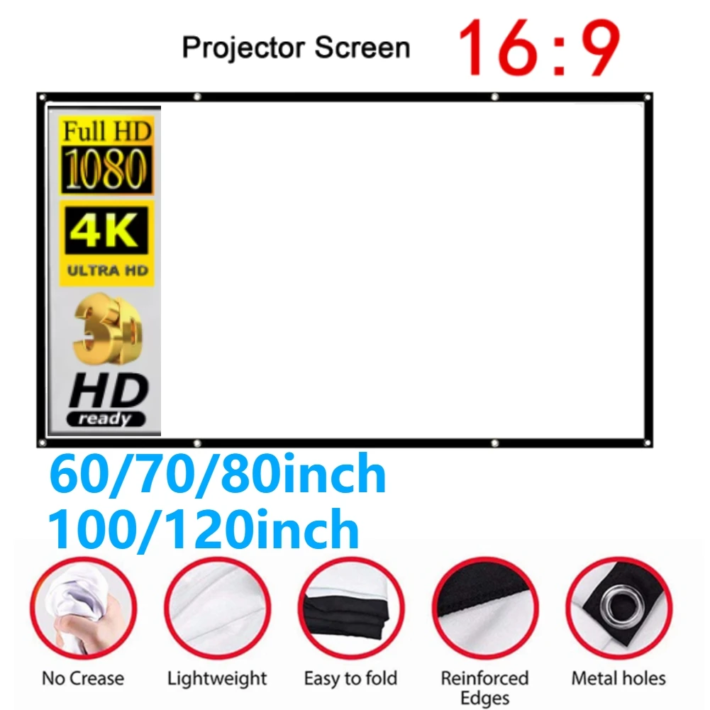 16:9 Simple Projector Curtain 60/72/84/100/120/150 inch Portable HD Display Screen Home Cinema Theater Movie Home Outdoor Office