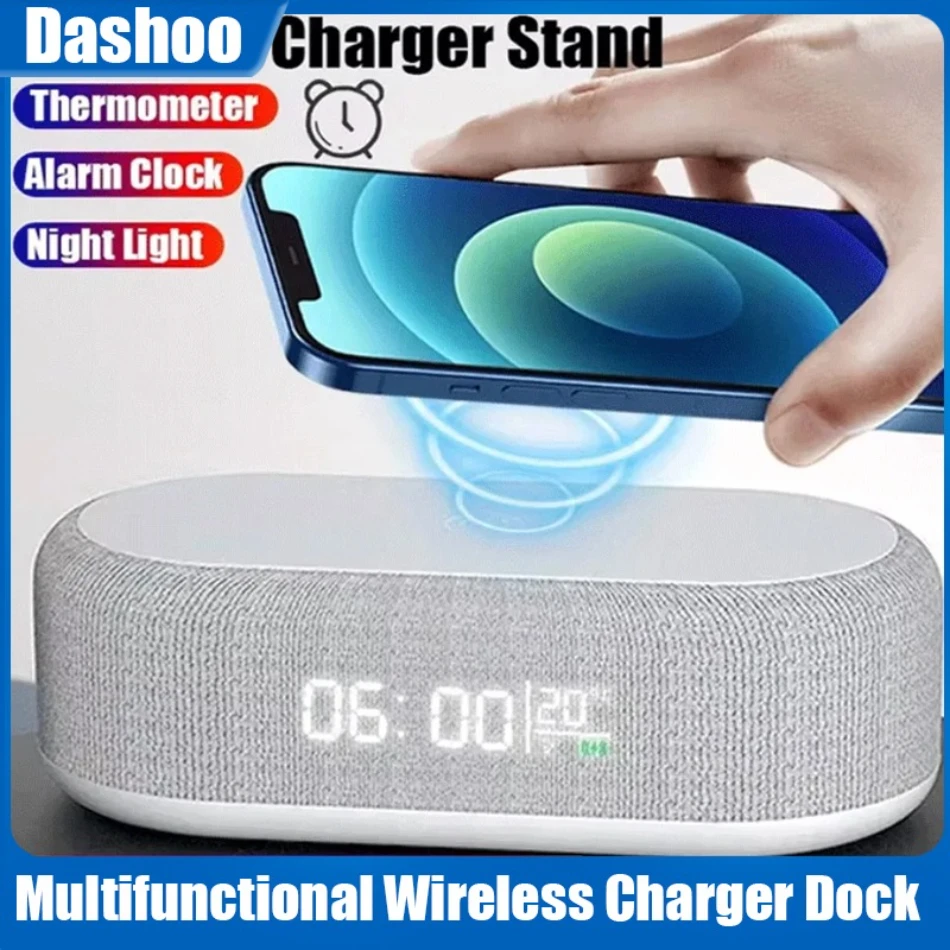 Multifunktionale Drahtlose Ladegerät Stehen Nachtlicht Desktop Wecker Thermometer Telefon Schnelle Lade Dock Station für iPhone Image