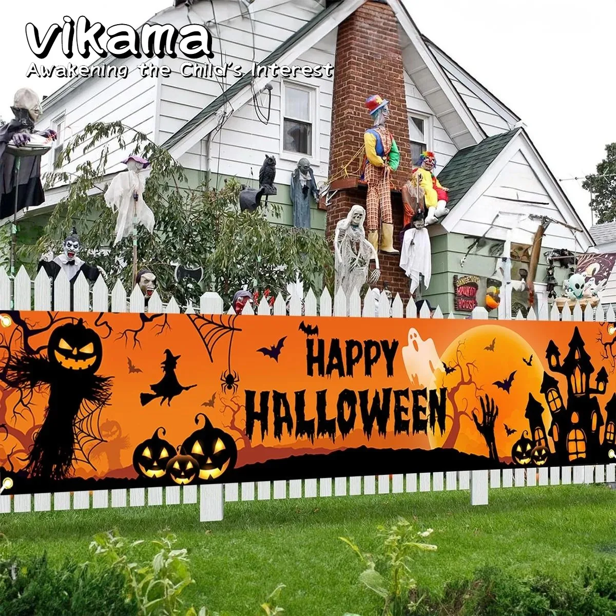 VIKAMA Halloween Outdoor Banner, Kürbis Fledermaus Muster Hintergrund, geeignet für Heimdekoration, Horror-Thema-Partyzubehör Image