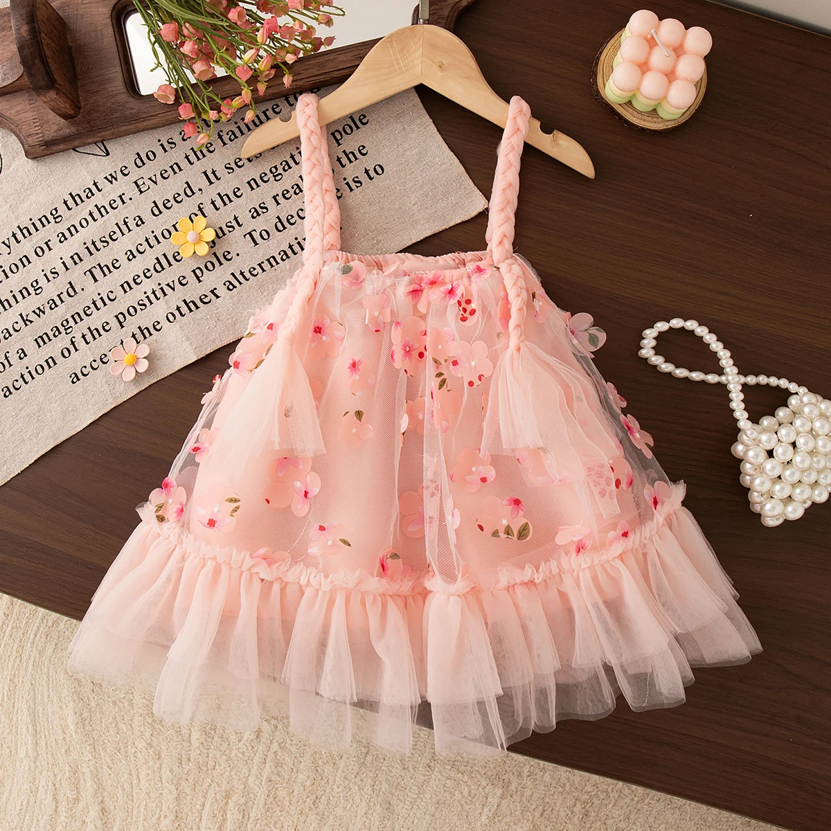 Baby Mädchen Kleid Süße Rosa Blume Dekoration Hosenträger Mädchen Prinzessin Kleid Kleinkind Mädchen Hochzeit Party Kleid Image