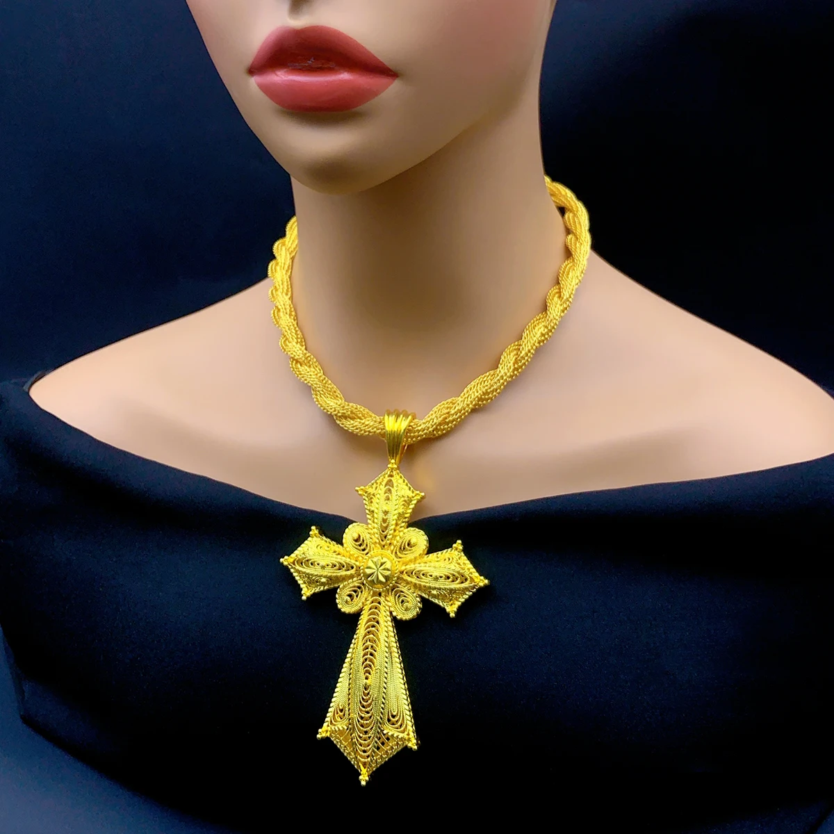Übertreiben Äthiopischen Gold Farbe Kreuz Anhänger Halskette Für Frauen Elegante Vintage Arabischen Afrika Schmuck Hochzeit Party Geschenke
