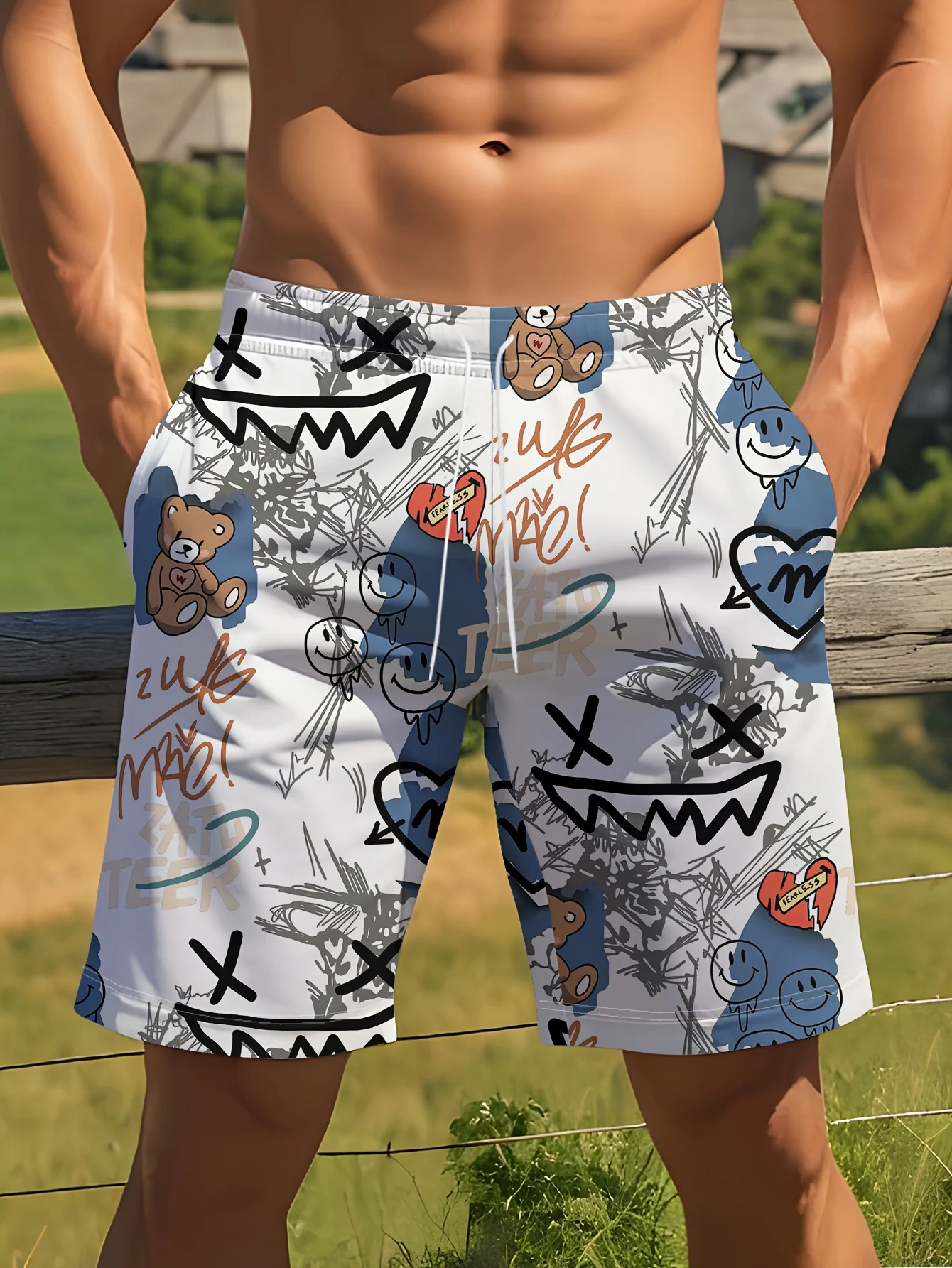 Lässige Herrenshorts, Strandhosen, Badehosen, einzigartige Sporthosen mit Graffiti- und Bärenmuster, schnell trocknende Mode, Alltagskleidung Image
