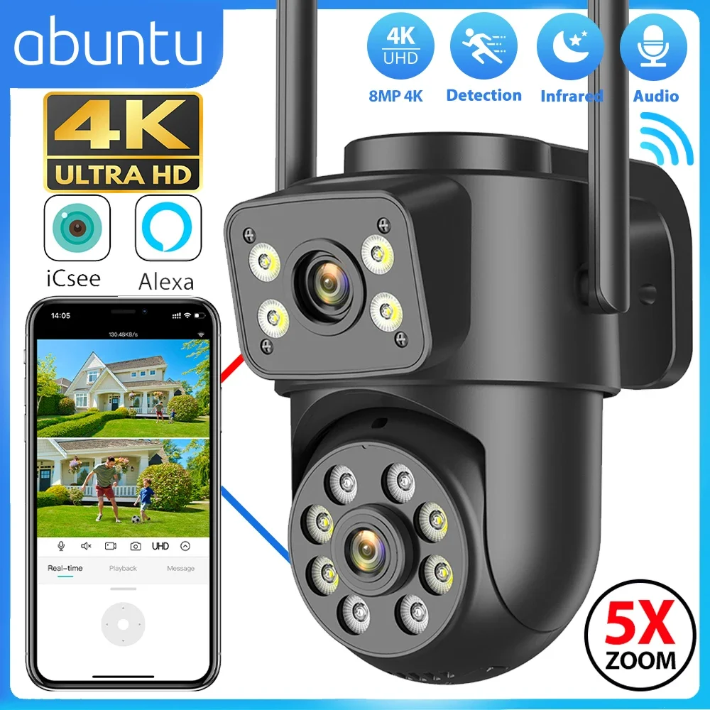 8MP 4K Wifi IP Kamera Dual Objektiv Dual Bildschirme Outdoor Überwachung Kamera Schwarz Menschlichen Erkennung Nachtsicht ICSEE Sicherheit CAM Image