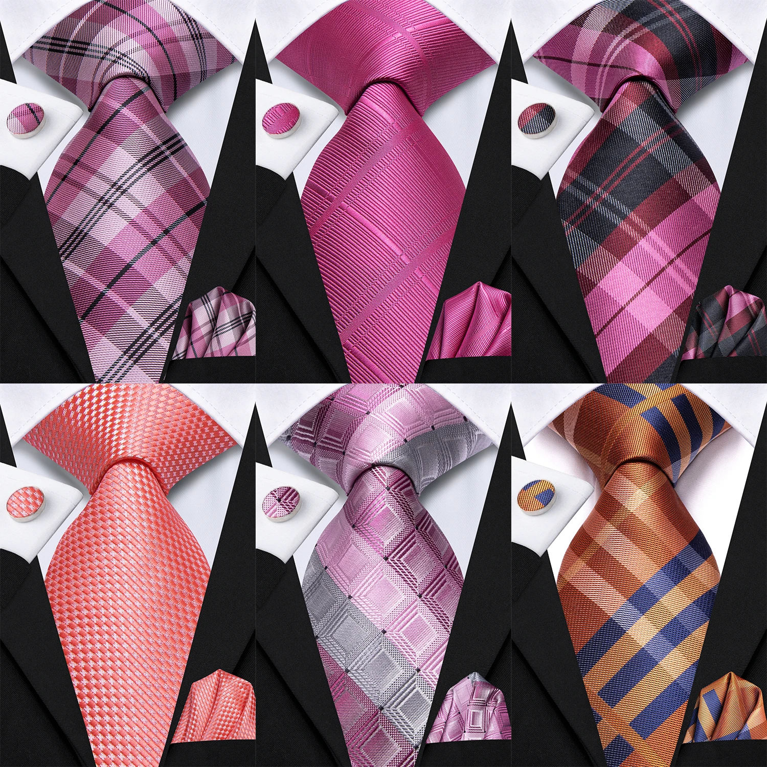 Hi-Tie 8,5 cm Herren-Plaid-Krawatte, Einstecktuch, Manschettenknöpfe-Set, Rosafarben, Hochzeits-Party-Accessoires, ideales Geschenk für Männer, Gravats Image