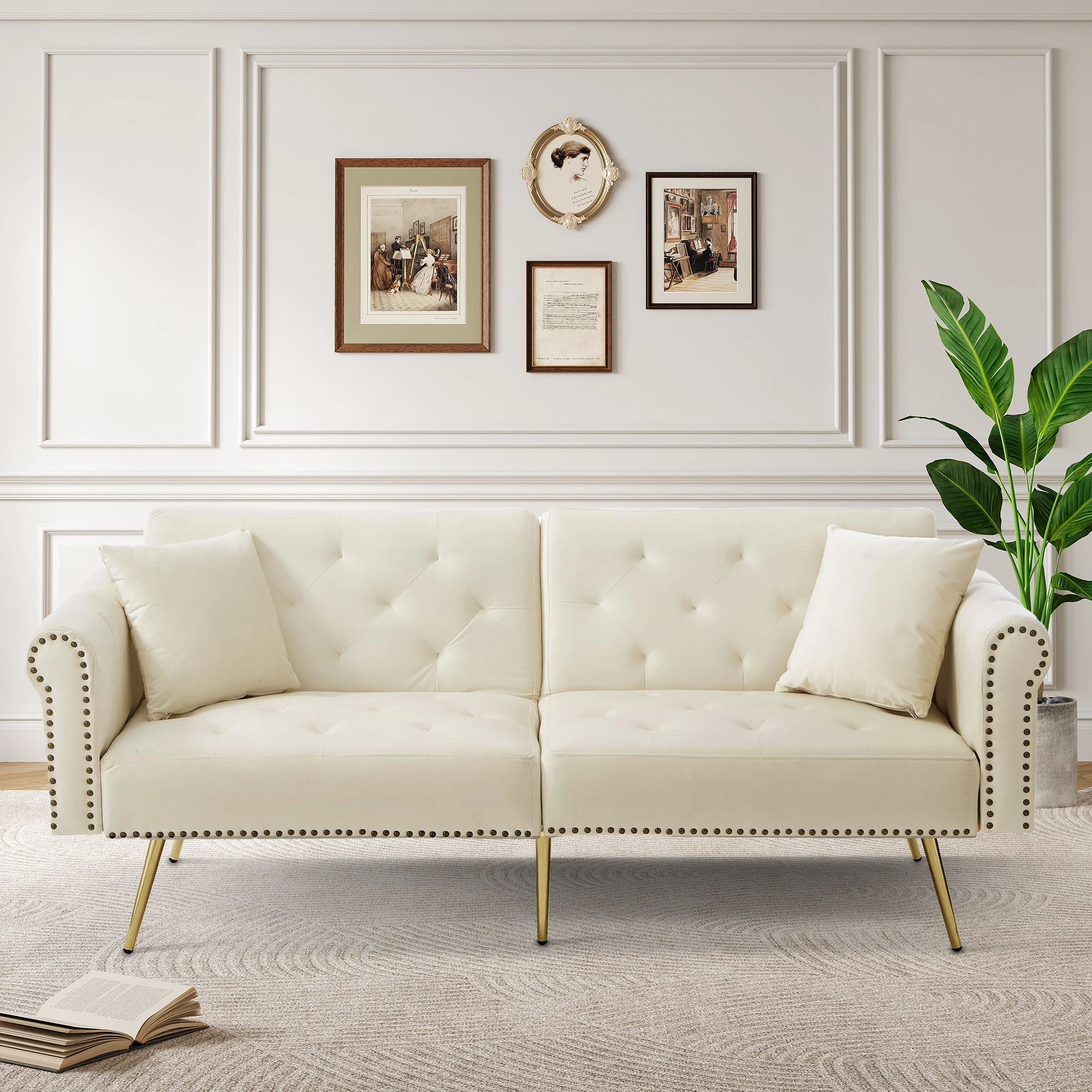 Modernes 2-Sitzer-Schlafsofa – Samtbezug, vergoldete Metallfüße. Stilvolles Sofa mit Schlaffunktion – platzsparend für kleine Räume Image