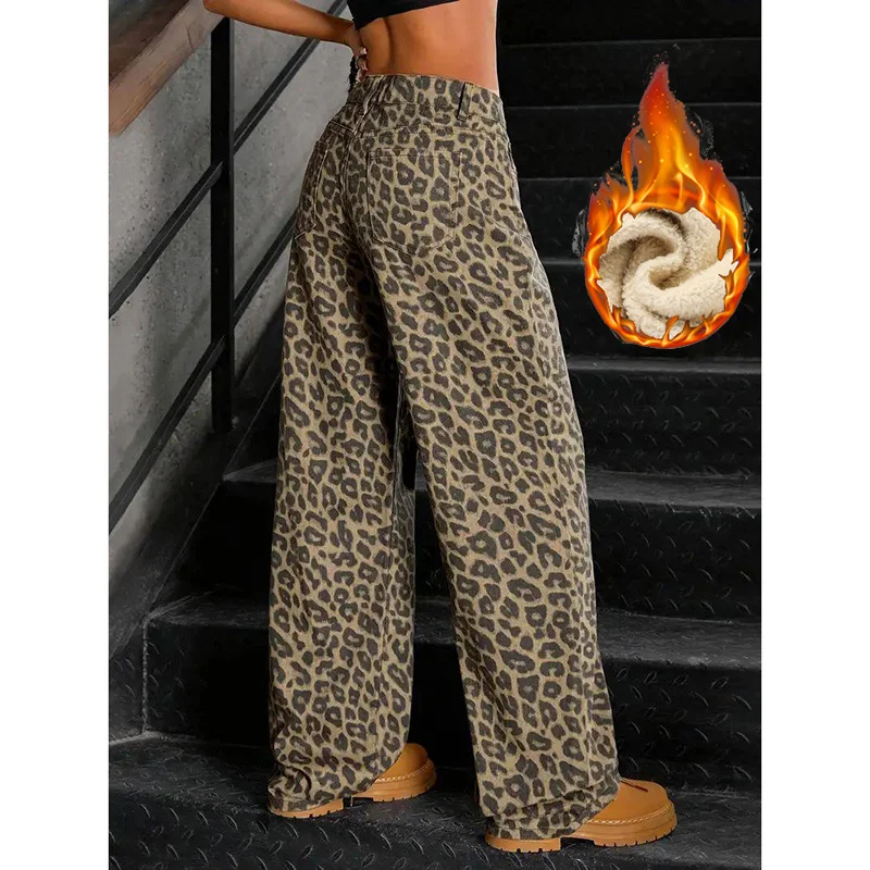 Winter Dame Slim Fit Plüsch Thermische Jeans Mädchen Schnee Warme Mode Leopard Print Denim Hosen Frauen Fleece Breite Bein Hosen Image