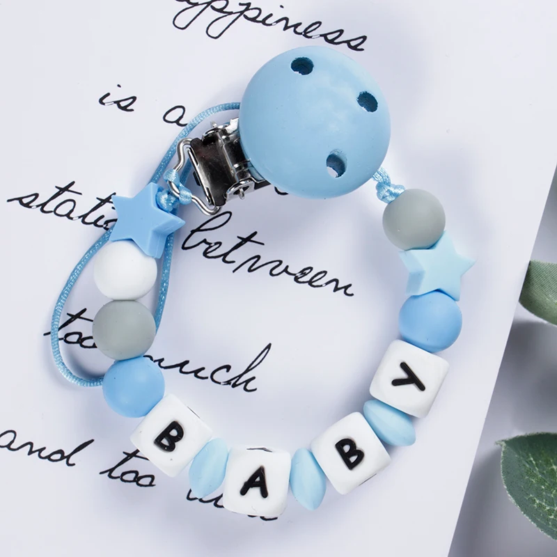 Neues Baby personal isierter Name handgemachte Schnuller Clips Halter Kette Silikon Schnuller Ketten Fünf-Sterne-Baby Beißring Beiß kette Image