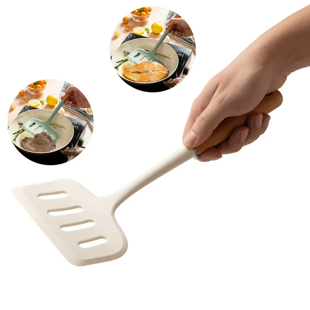 1Pcs Silikon Spatel Breiten Mund Schaufel Rindfleisch Nicht-Stick Holzgriff Fleisch Ei Braten Kochen Werkzeug Küchenutensilien Gadgets werkzeuge