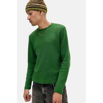 BDG Green Plain Long Sleeve Waffle T-Shirt - Green M at Urban Outfitters