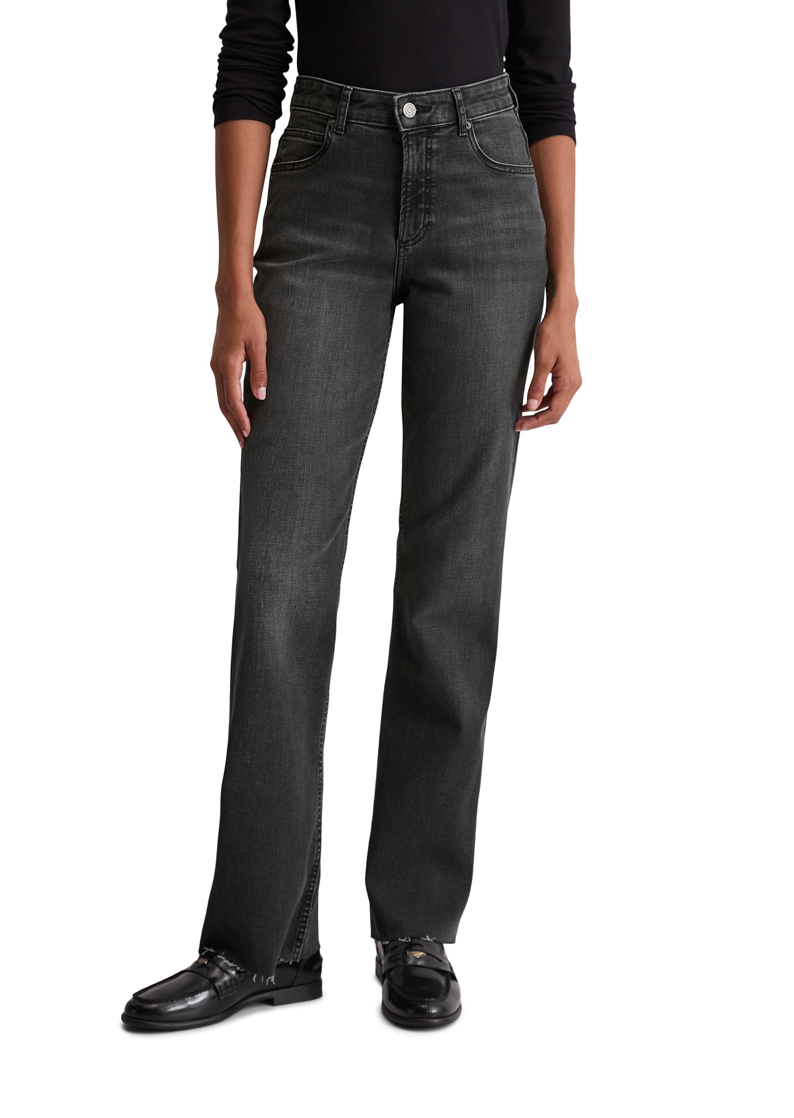 Schlagjeans MARC O'POLO "aus Organic-Cotton-Mix-Stretch", Damen, Gr. 29, Länge 30, grau (schwarz), Obermaterial: 86% Baumwolle, 12% Polyester, 2% Elasthan, unifarben, ausgestellt lang, Jeans