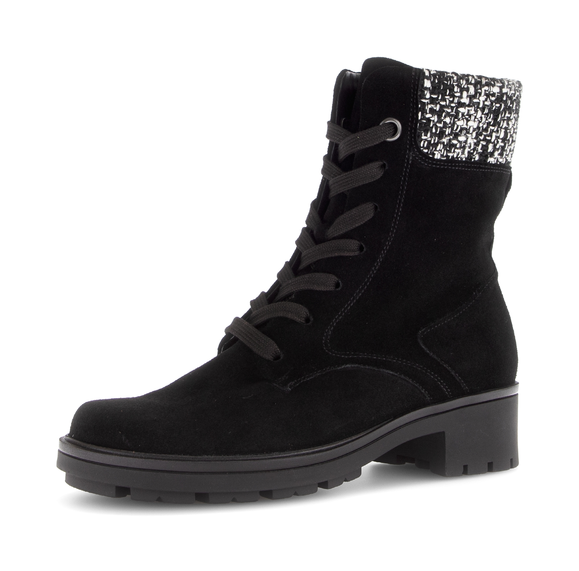 Schnürstiefelette GABOR, Damen, Gr. 39, schwarz, weiß, Textil, Veloursleder, Schuhe, Blockabsatz, Schnürboots in Bequemweite G (= weit)