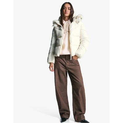 Bershka Water-Repellent Puffer Jacket With Faux Fur Hood Women S Sand