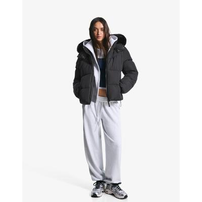 Bershka Water-Repellent Puffer Jacket With Faux Fur Hood Women 10-12 Black