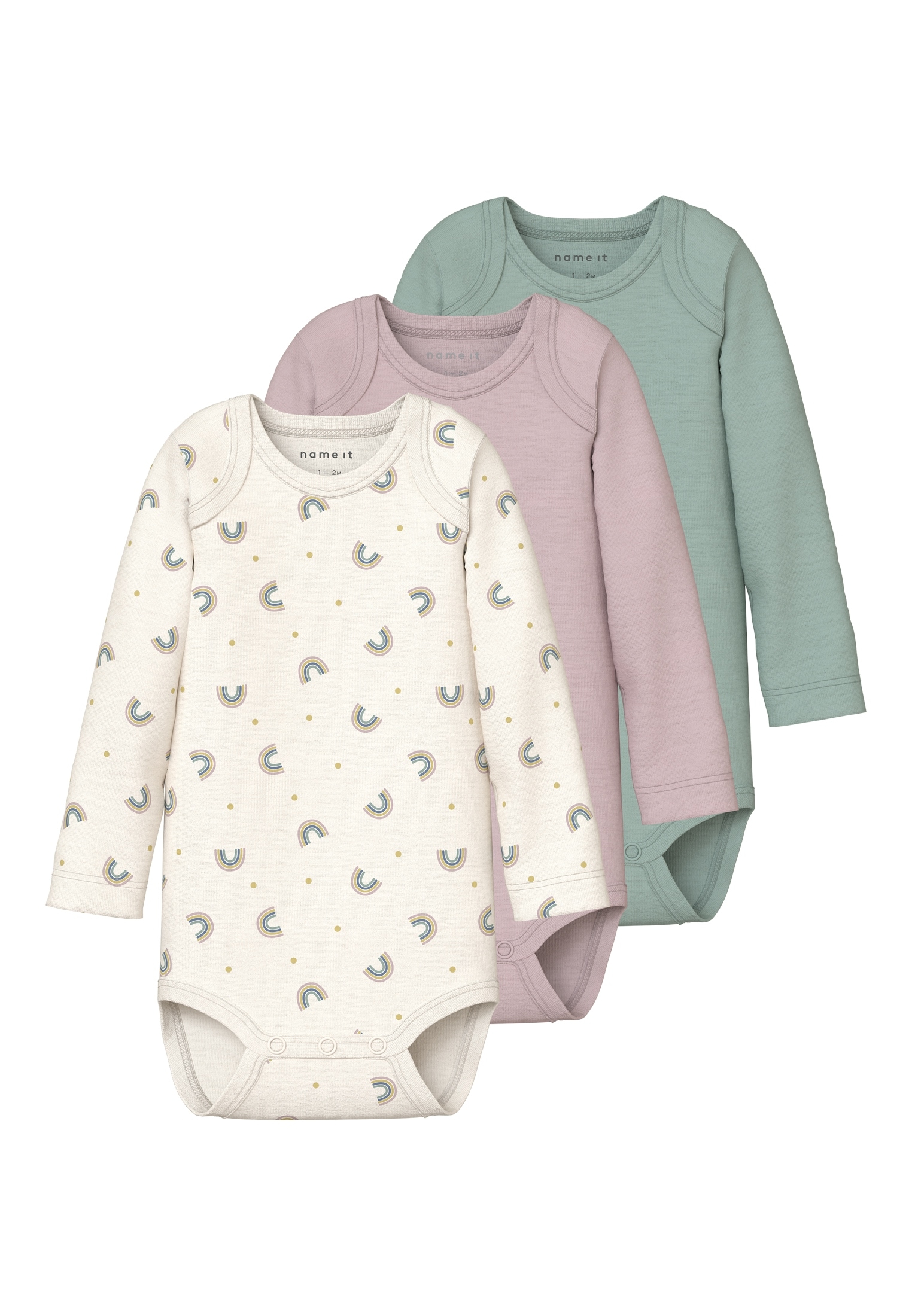 Body NAME IT "NBFBODY 3P LS JET RAINBOW NOOS", Baby, Gr. 62, N-Gr, jet stream pack:w, burnished lila, jadeite, Sweatware, Obermaterial: 100% Baumwolle, bedruckt, regular fit, Rundhals, Bodys Image