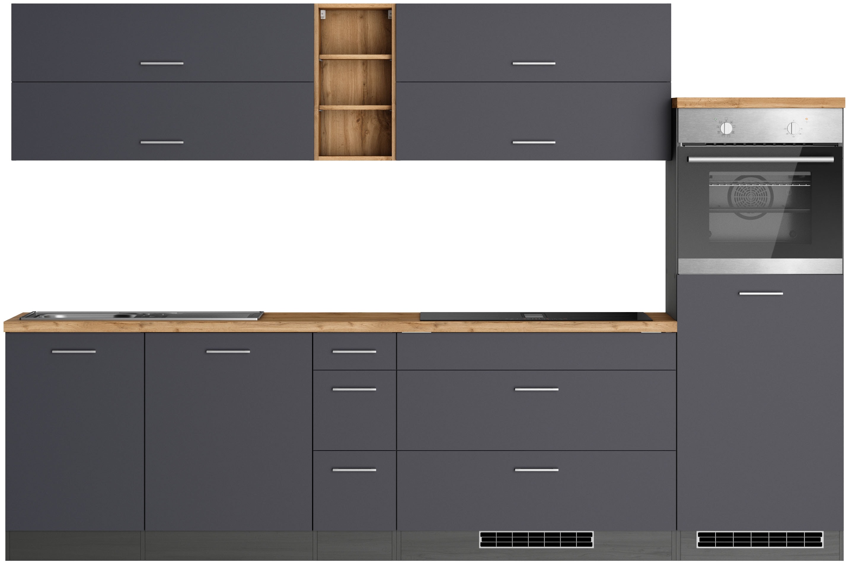 Küchenzeile KOCHSTATION "KS-Milan, optional mit Muldenlüfter", grau (küche: grau, front: anthrazit, korpus: grafitgrau, arbeitsplatte: wotaneichefarben), B:300cm H:166cm T:60cm, Komplettküchen-Sets, Breite 300 cm, wahlweise mit E-Geräten, Kochfeld... Image