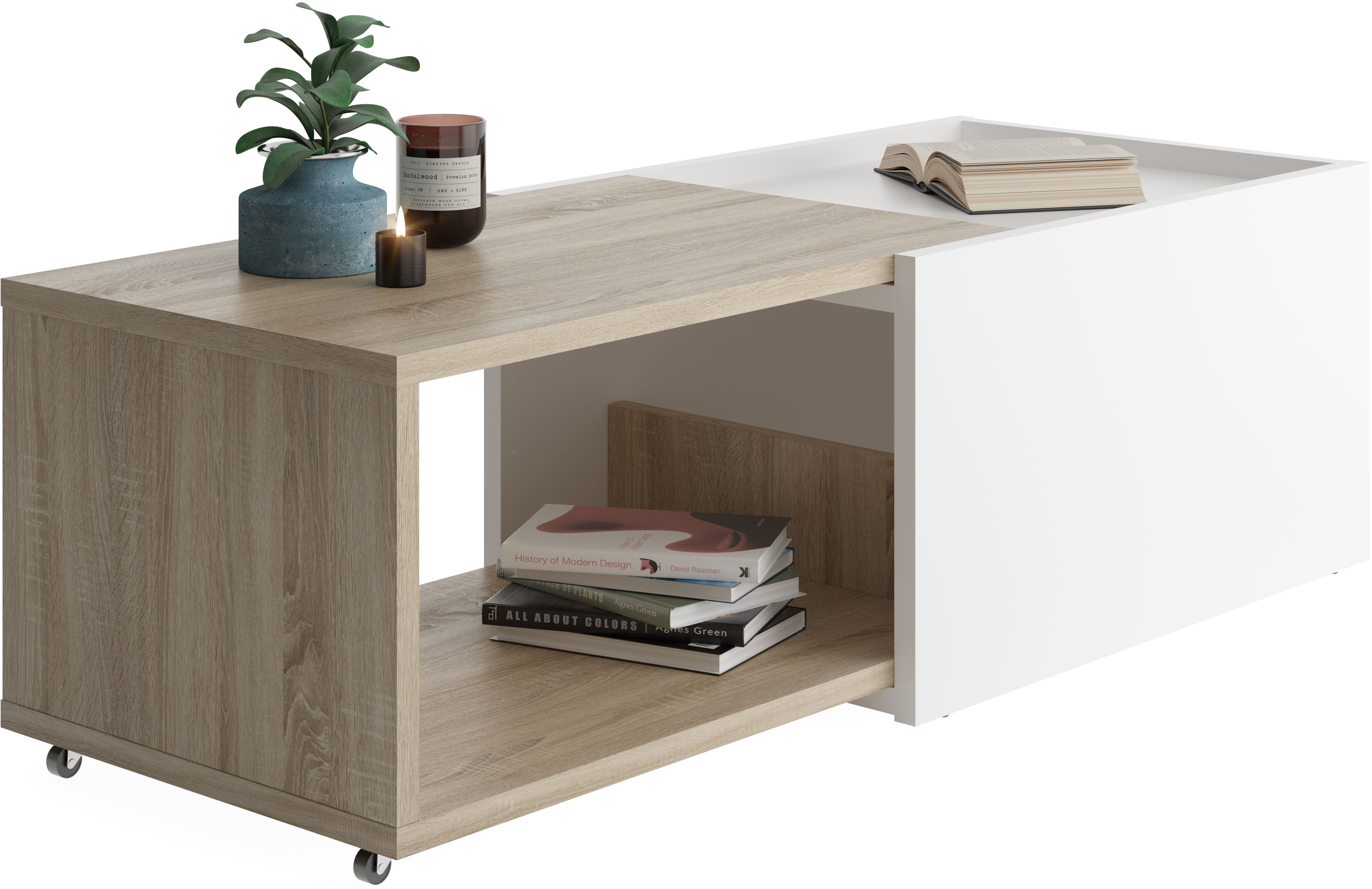 Couchtisch FMD "Slide", weiß, eiche, weiß, eiche, weiß, eiche, H:38cm T:49,5cm, Tische, flexibel ausziehbar, mit Rollen, Breite: 70 bis 125 cm