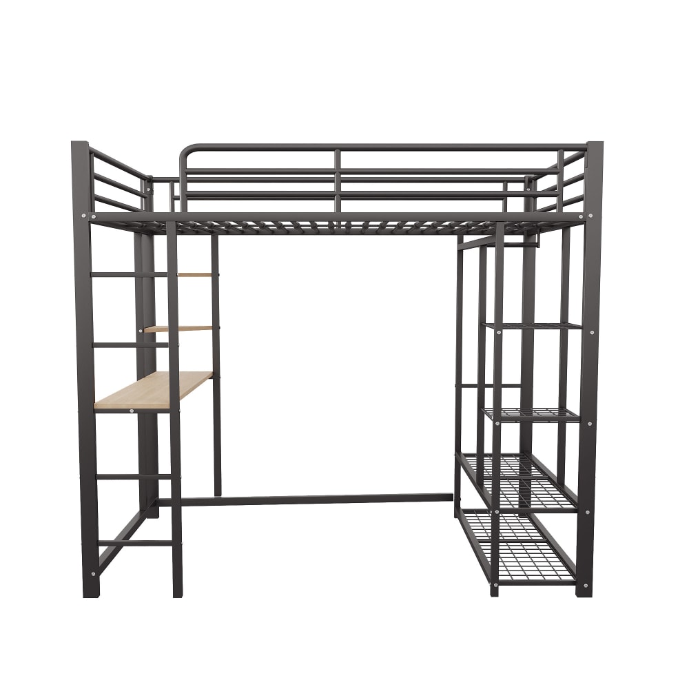 Letto a soppalco in metallo con scrivania, ripiani e contenitore